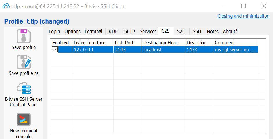 Configuration to setup SSH tunnel for MS SQL Server