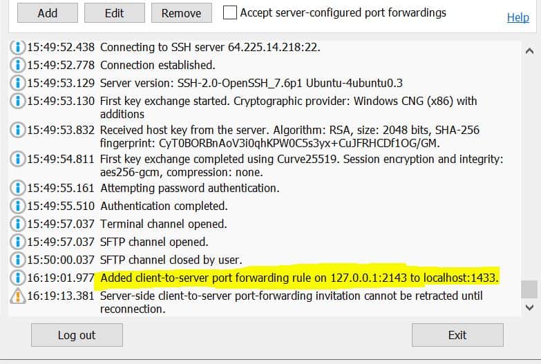 SSH Tunnel for SQL Server successful setup.